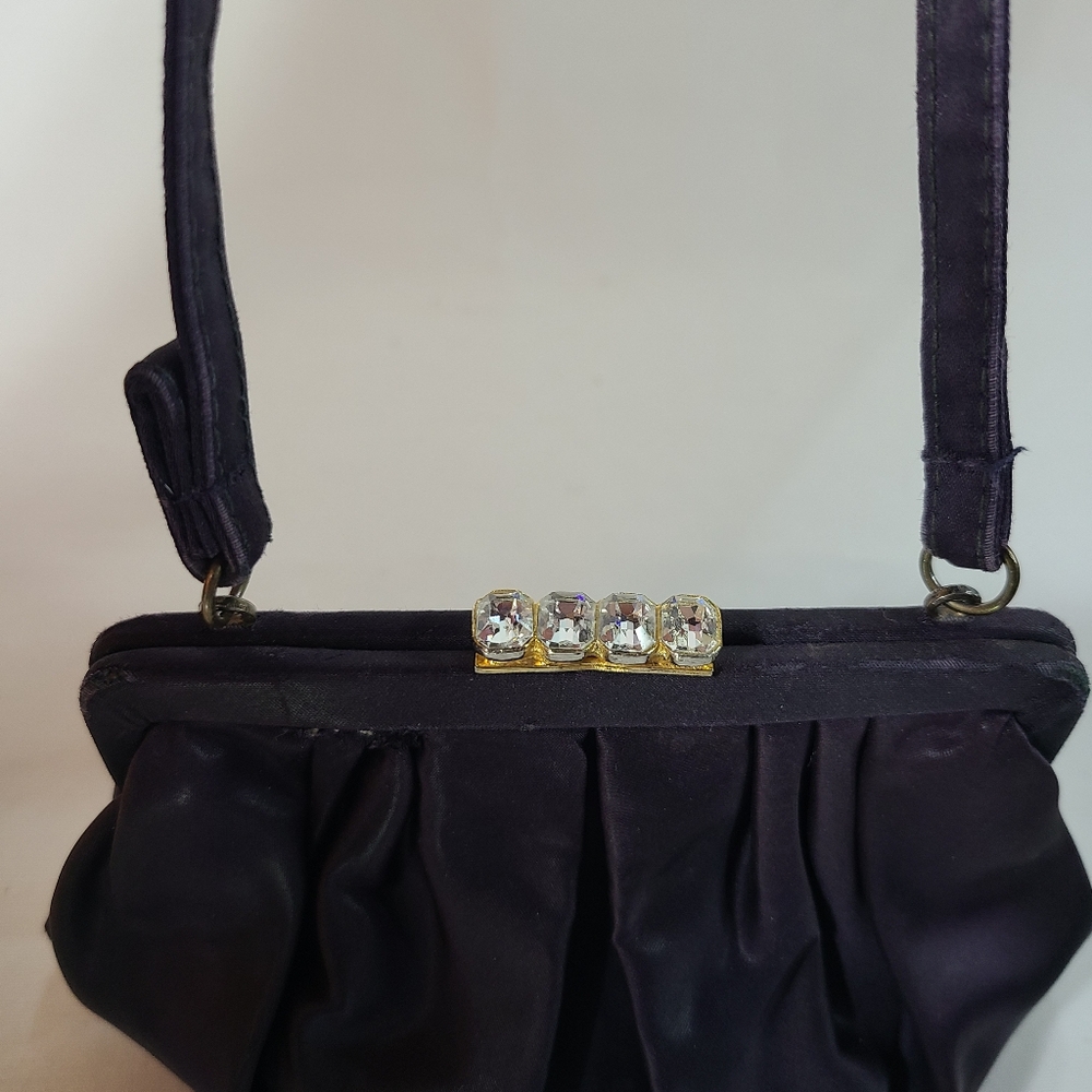 Vintage 1940s Purple Satin Evening Clutch Purse with Rhinestone Clasp Purse